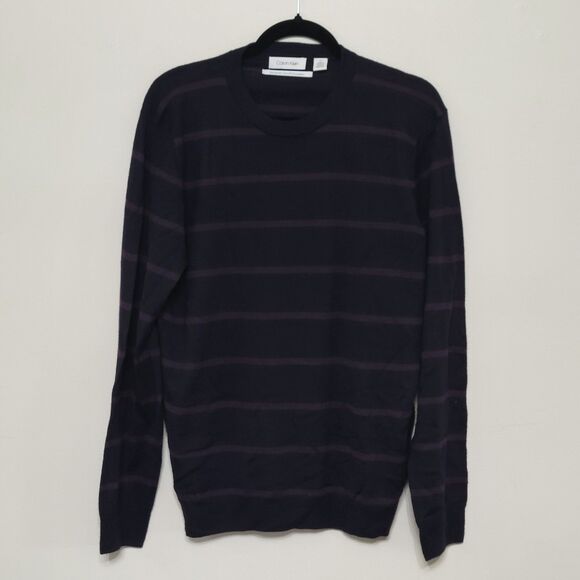 Calvin Klein Navy Purple Stripe Merino Wool Pullover Sweater Men's Large - Picture 2 of 5